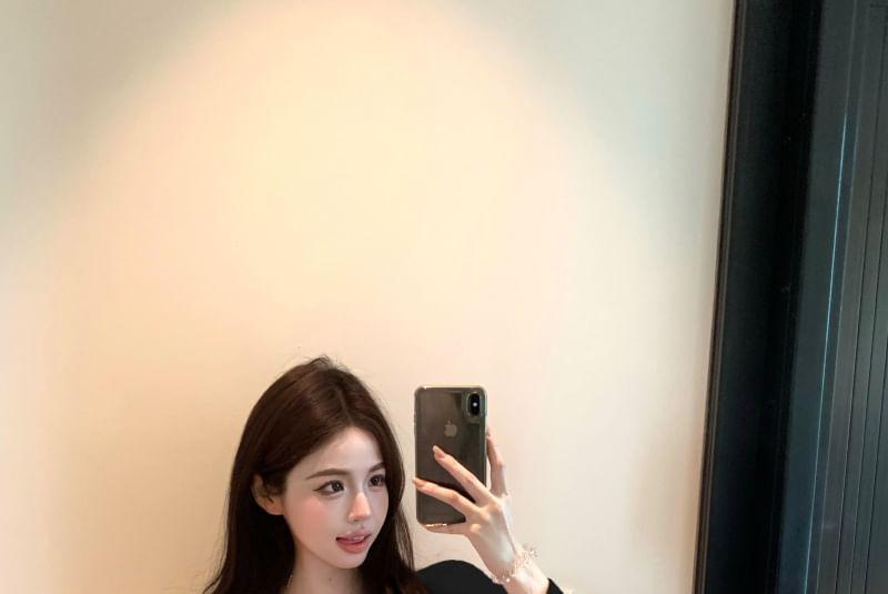 Set: Long-Sleeve Asymmetrical Neck Off-Shoulder Lace Trim Tee + High Waist Shorts Product Image