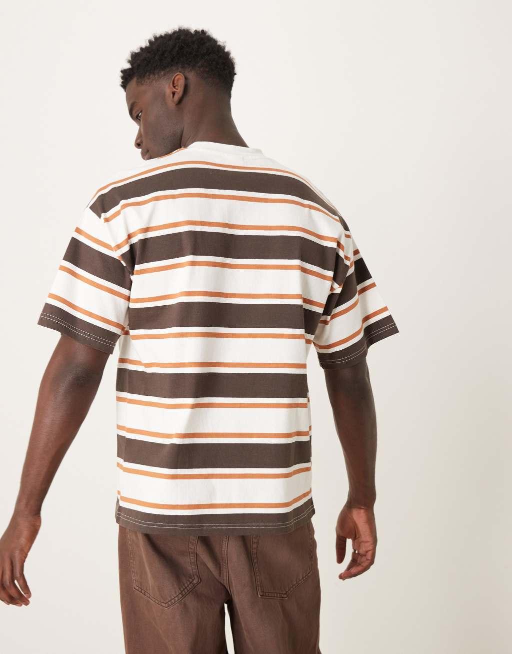Selected Homme oversized heavy weight t-shirt in cream tan brown stripe Product Image