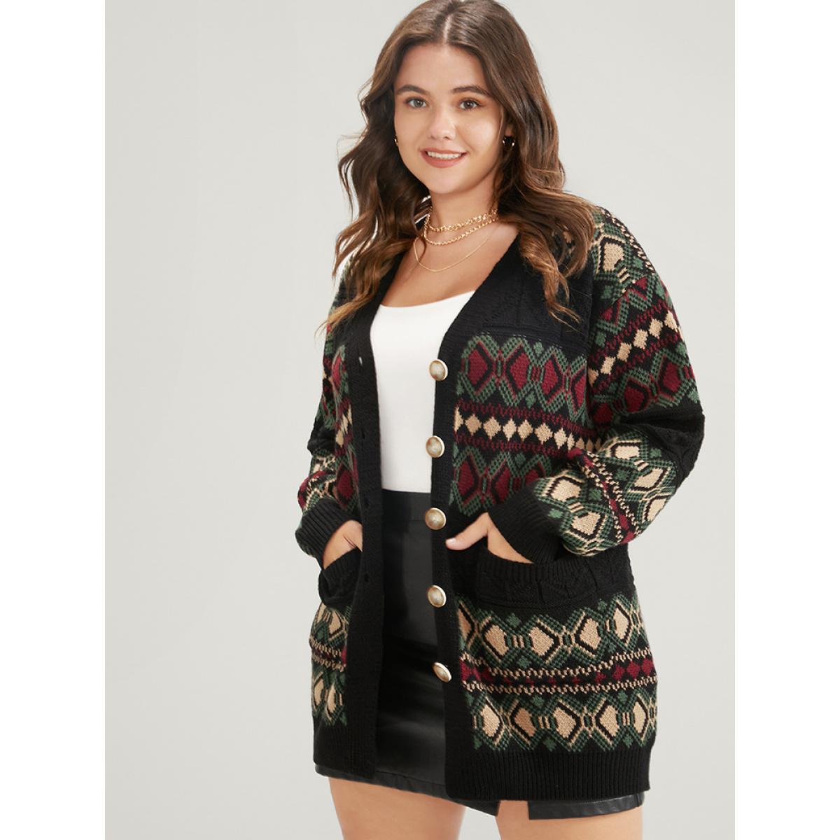 Plus Size Geometric Contrast Pointelle Knit Pocket Jacquard Button Front Cardigan Multicolor Women Casual Loose Long Sleeve Dailywear Cardigans BloomChic 10/M Product Image