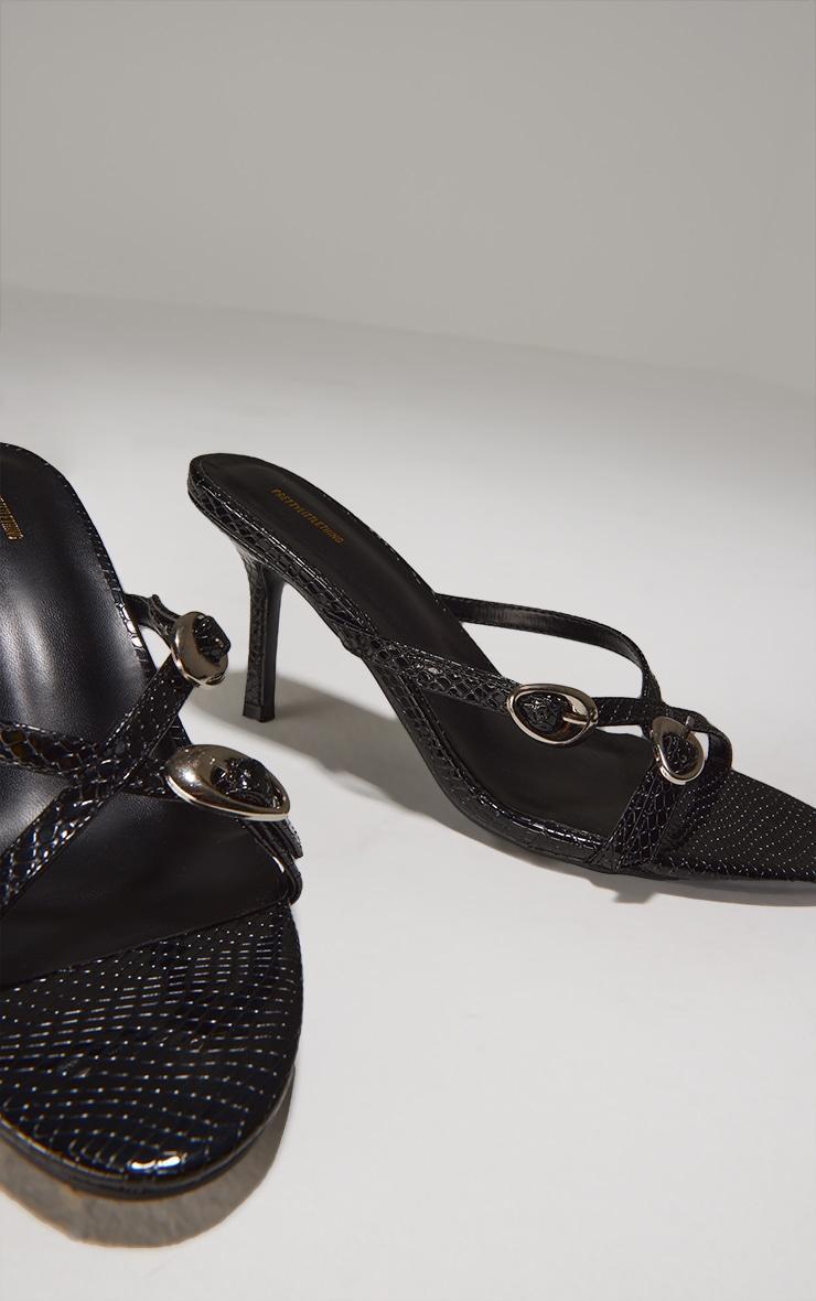 Black Croc PU Round Toe Silver Buckle Cross Strap Detail High Heeled Sandals Product Image