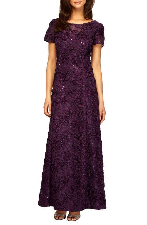 Alex Evenings Long A-Line Rosette Dress with Sequin Detail (Eggplant) Women's Dress Product Image