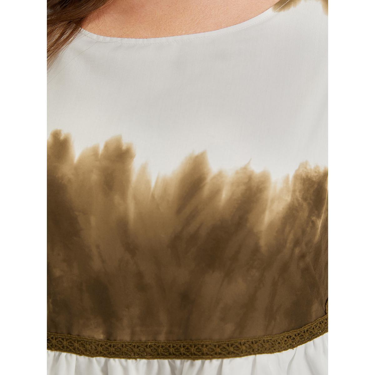 Plus Size Tie Dye Crochet Lace Ruffle Layered Hem Tank Dress Tan Women Elegant Patchwork Round Neck Sleeveless Curvy Knee Dress BloomChic 10/M Product Image
