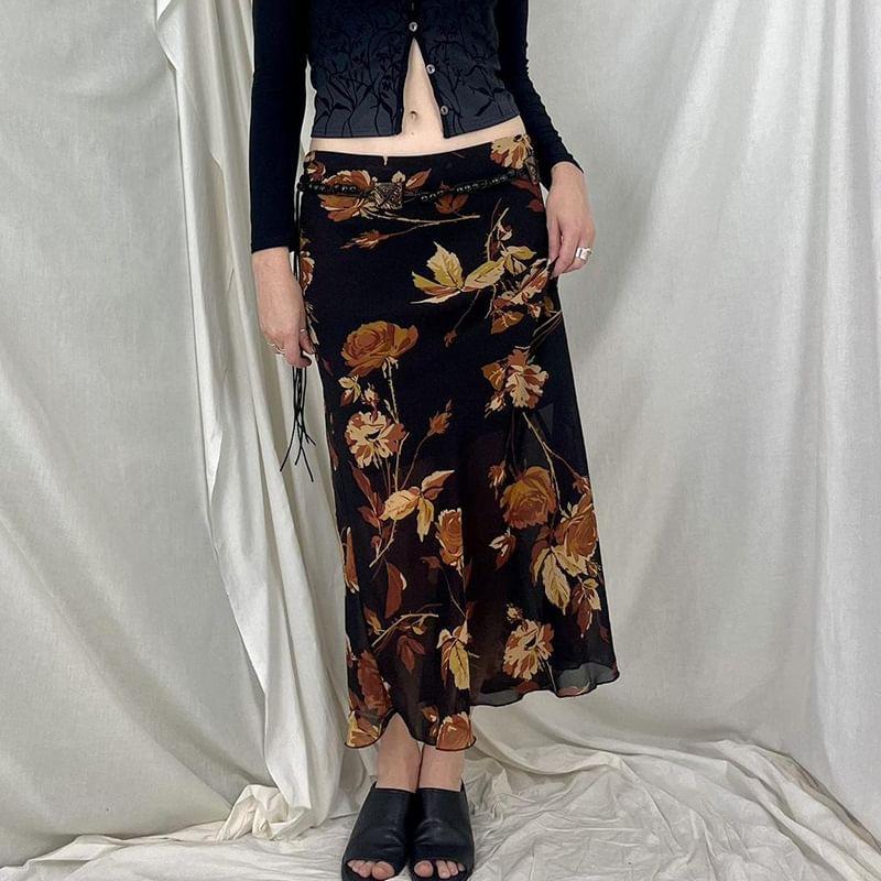 Low Waist Floral Print Midi A-Line Skirt Product Image
