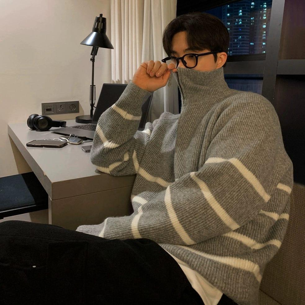 RT No. 12031 GRAY ZIP-UP PULLOVER COLLAR SWEATER Product Image