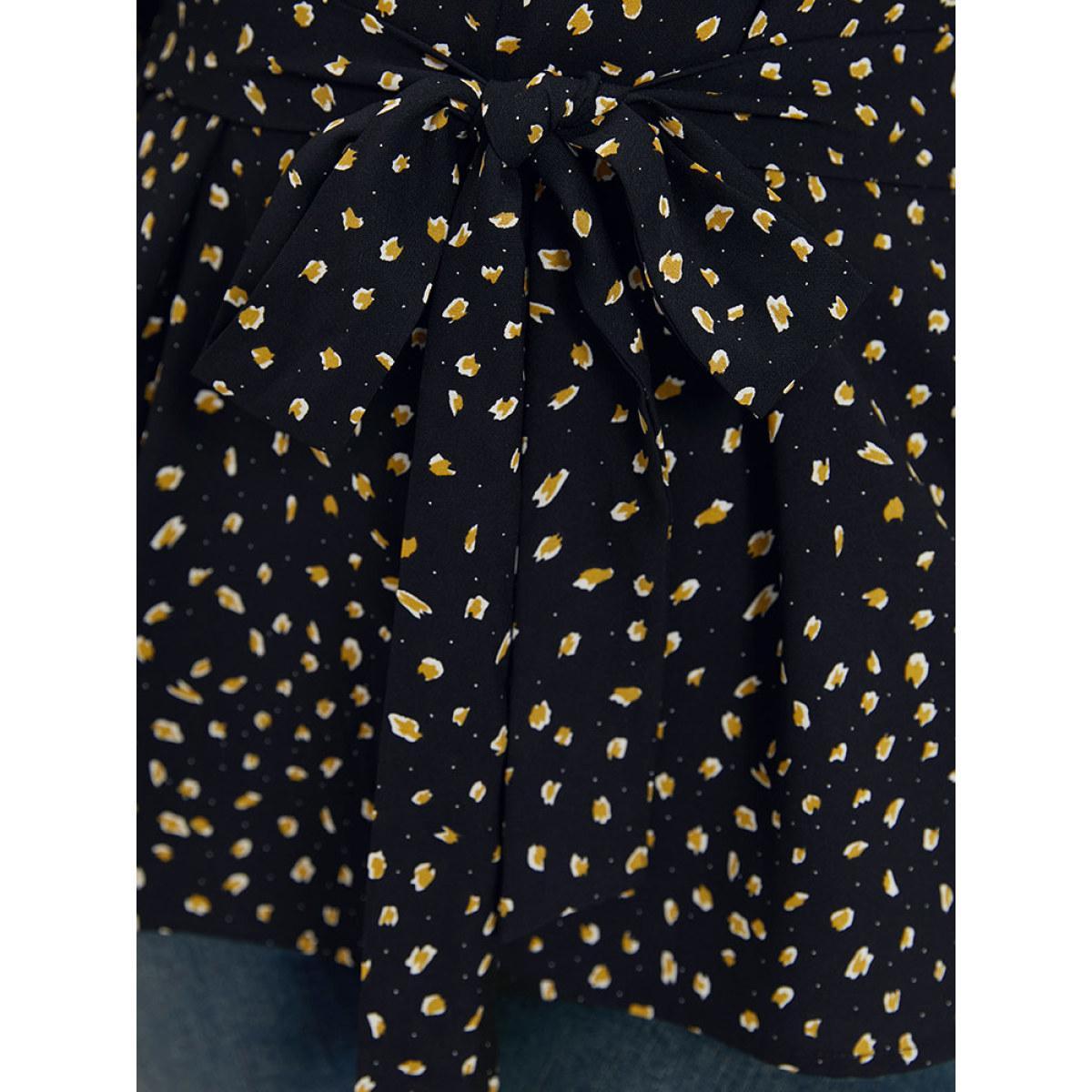 Plus Size Black Dot Button Up Keyhole Ties Lantern Sleeve Blouse Women Elegant Elbow-length sleeve Keyhole Cut-Out Dailywear Blouses BloomChic 28/5X Product Image