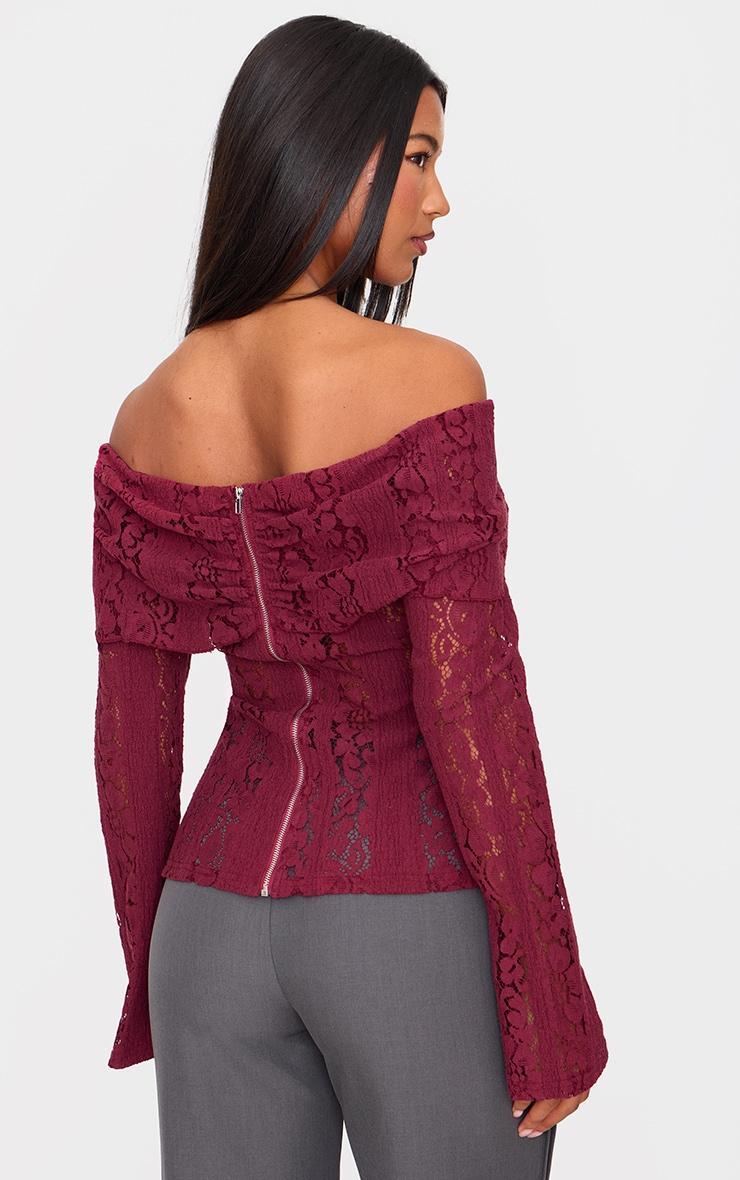 Plum Fitted Lace Flared Sleeve Bardot Top Product Image