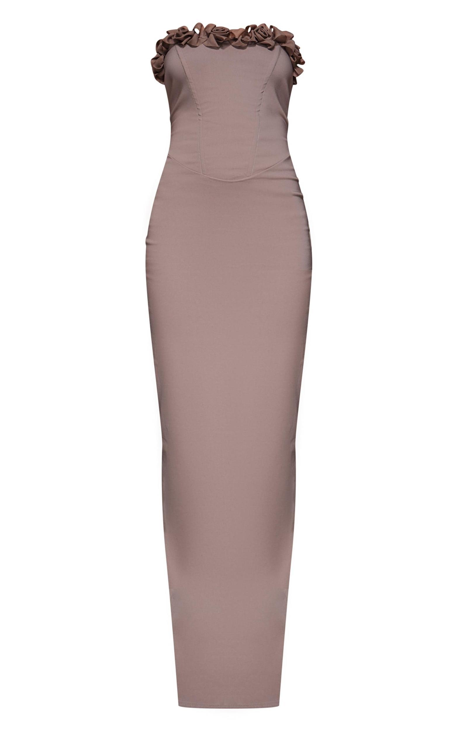 Mocha Stretch Woven Rosette Bandeau Maxi Dress Product Image