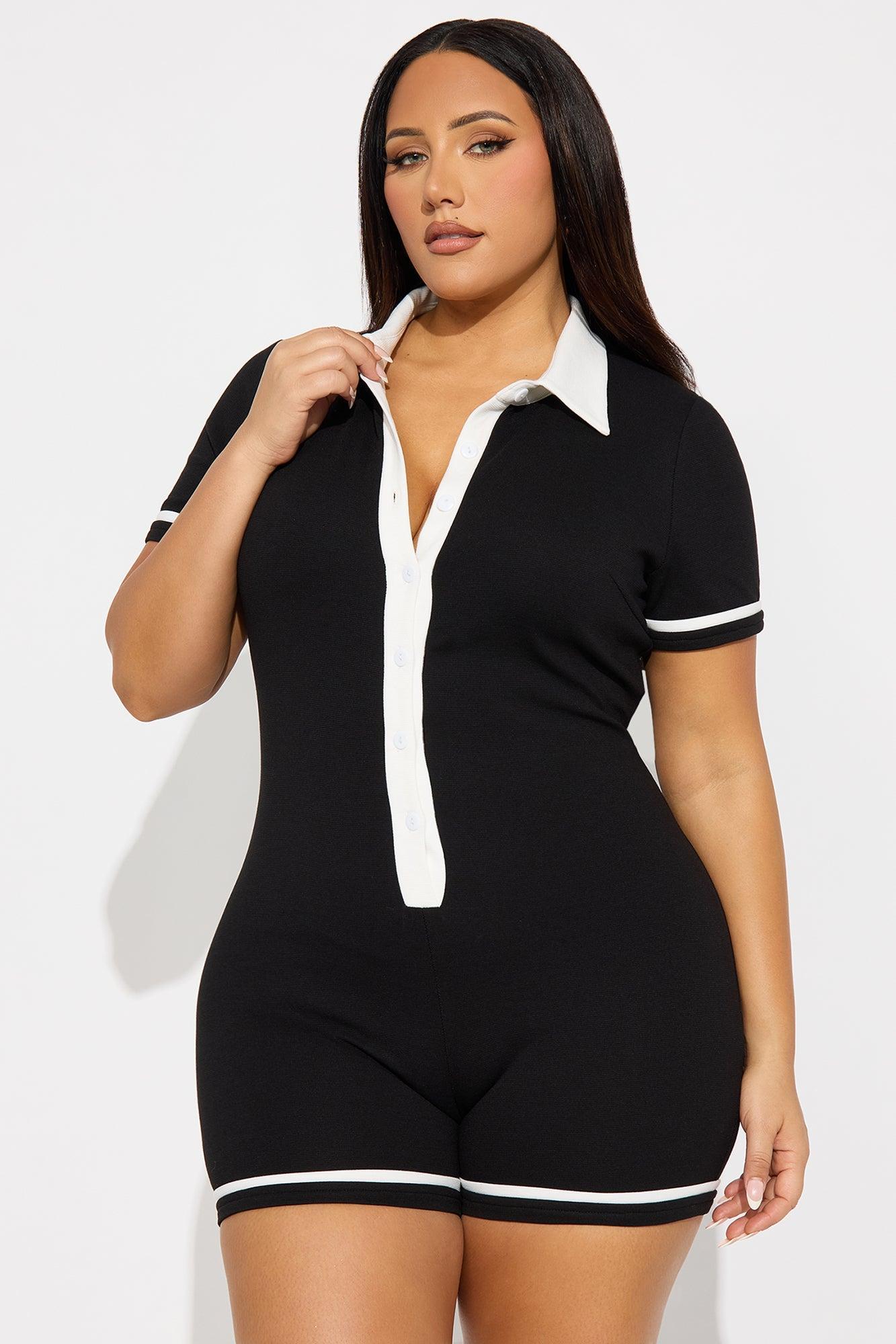 Get Together Ribbed Collar Romper - Black/White Product Image