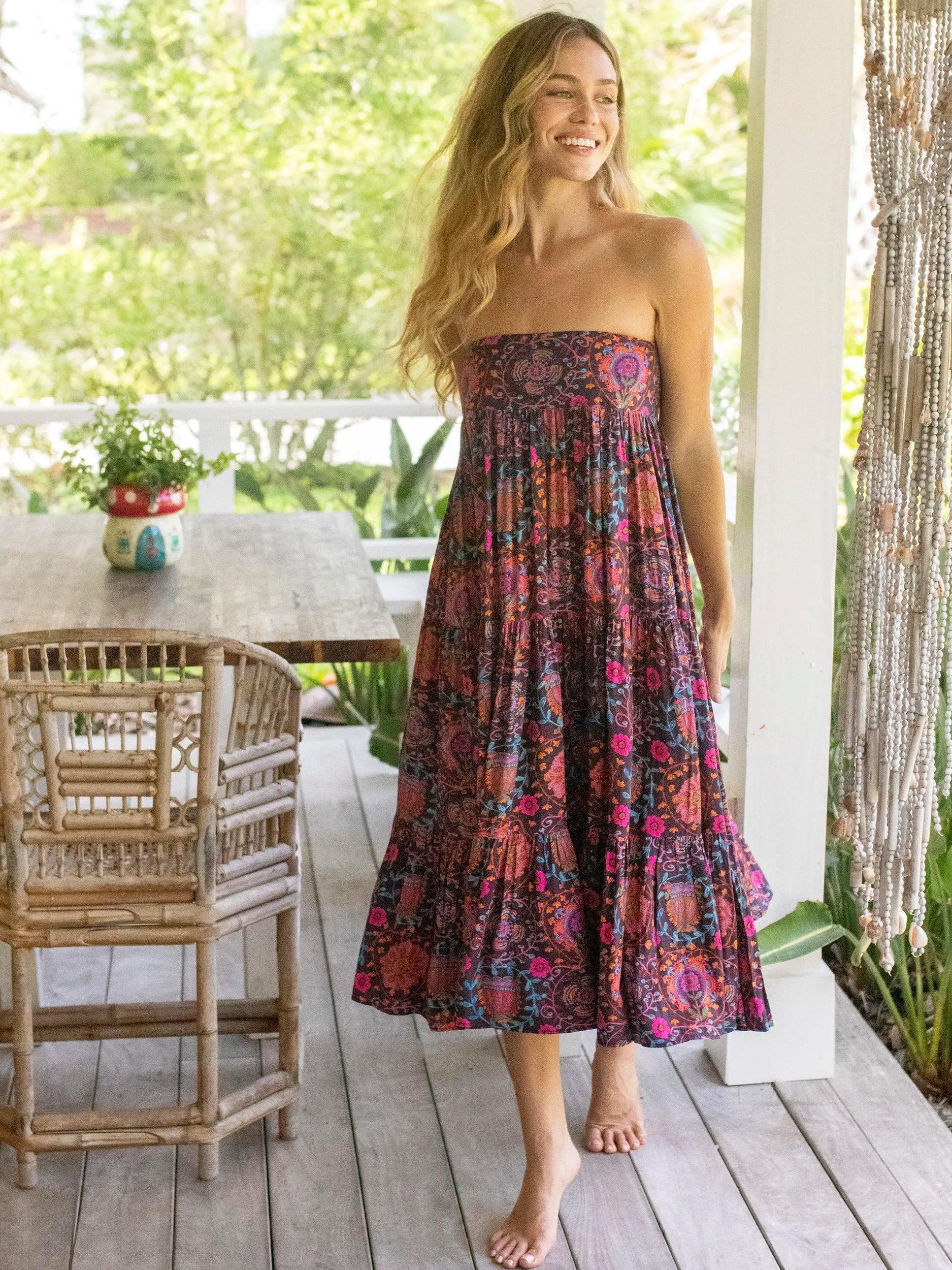 Hanna Convertible Maxi Skirt - Black Pink Folk Floral Product Image