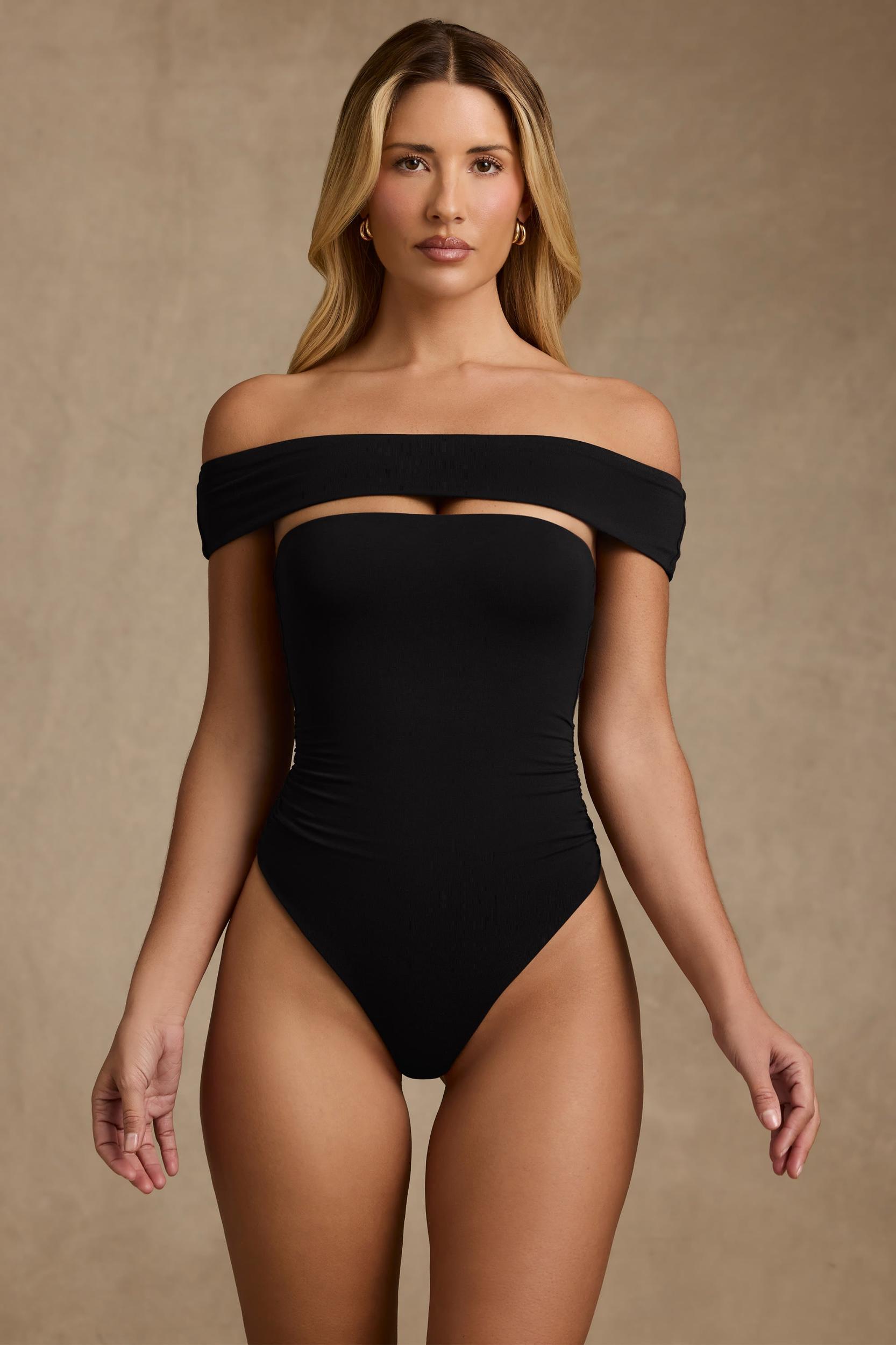Modal Cut-Out Off-Shoulder Bodysuit in Black Product Image