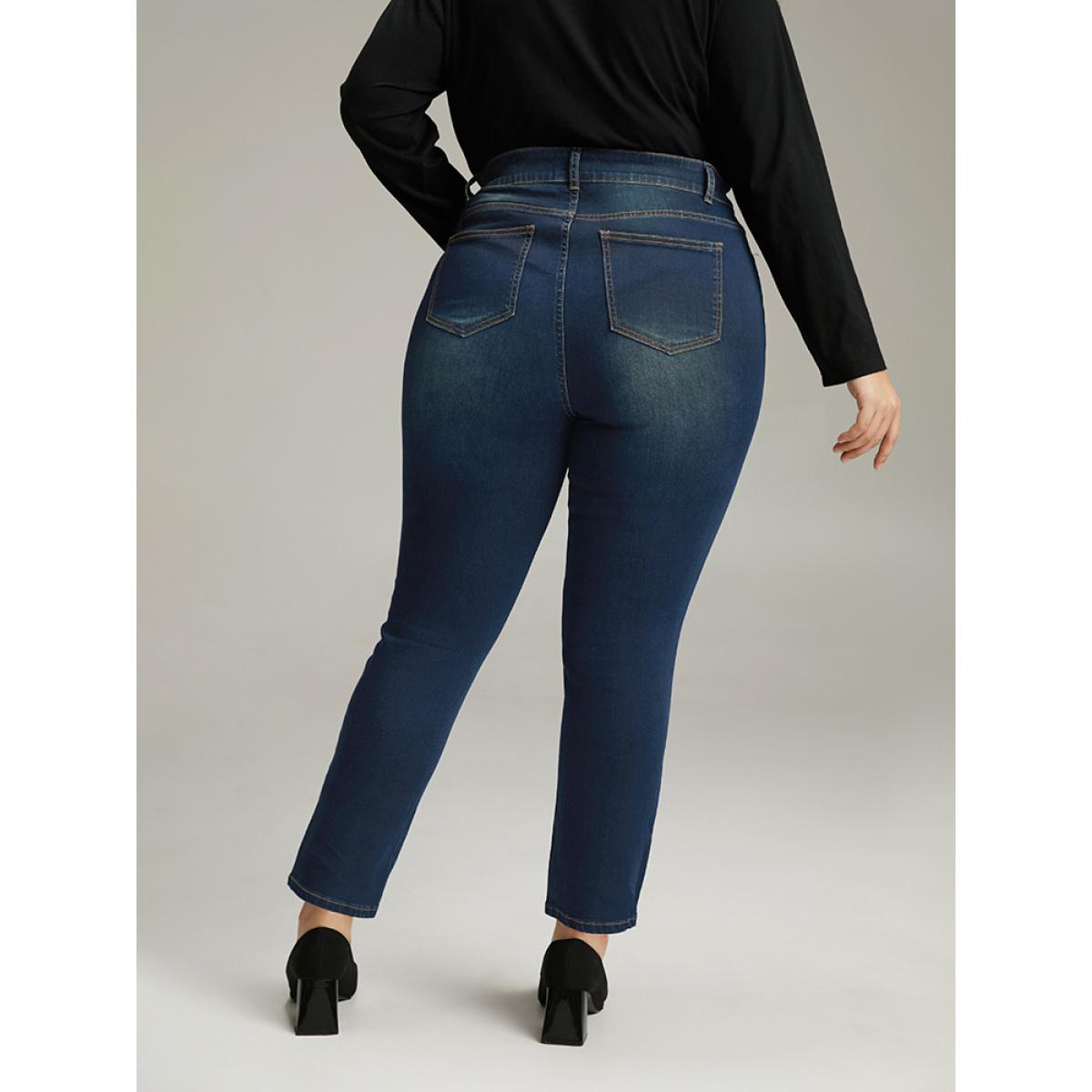 Plus Size Plain Straight Leg Pocket High Rise Jeans Women Aegean Casual Plain Plain High stretch Pocket Jeans BloomChic 10/M Product Image