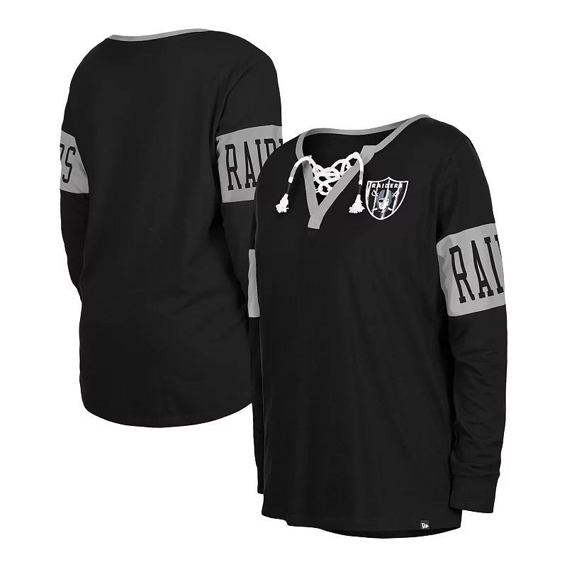 Women's New Era Black Las Vegas Raiders Lace-Up Notch Neck Long Sleeve T-Shirt, Size: Small, Lvr Black Product Image