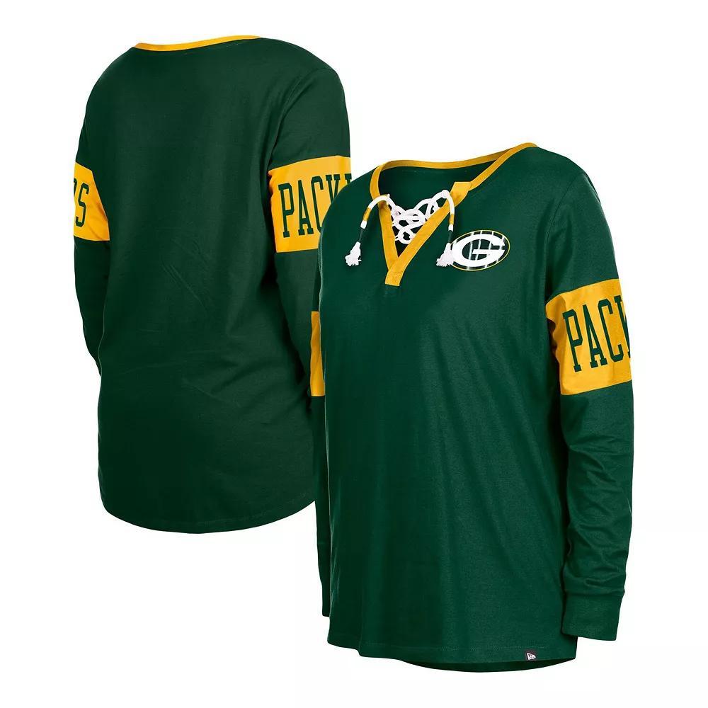 Women's New Era Green Green Bay Packers Lace-Up Notch Neck Long Sleeve T-Shirt, Size: Small Product Image