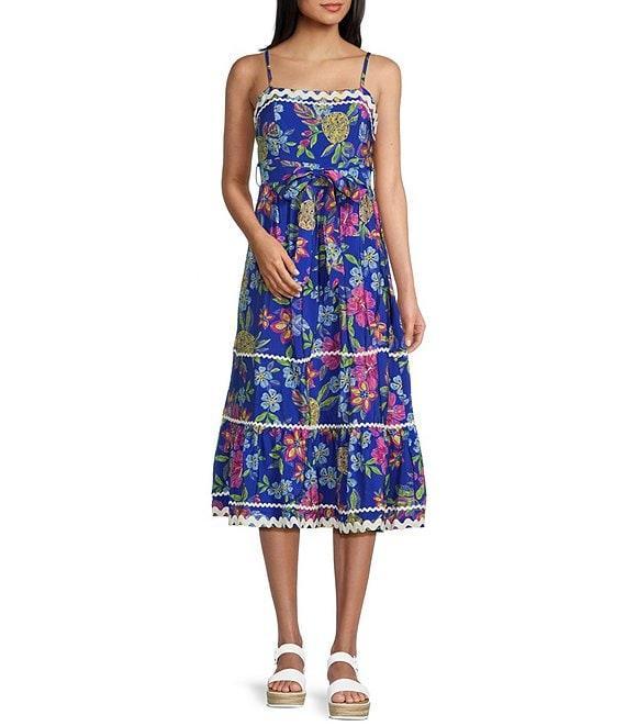 TCEC Floral Print Ric Rac Trim Square Neck Spaghetti Strap Midi Dress Product Image