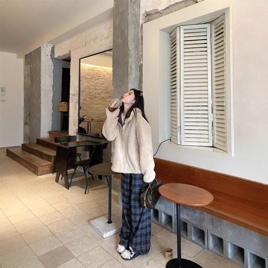 Hooded Plain Fleece Zip Up Jacket / Mid Waist Plaid Wide Leg Pants Product Image