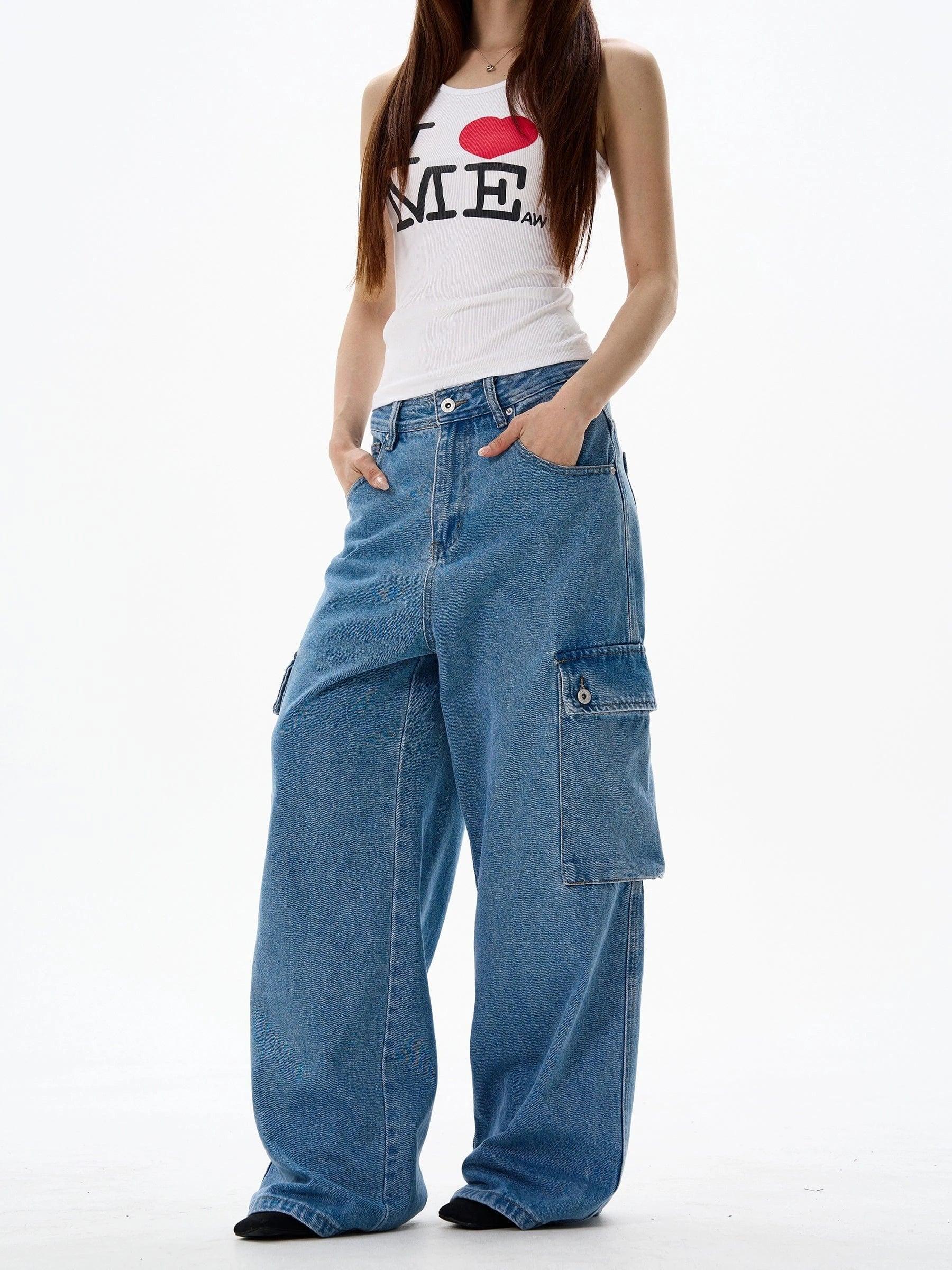 RT No. 13053 BLUE WIDE STRAIGHT CARGO PANTS Product Image