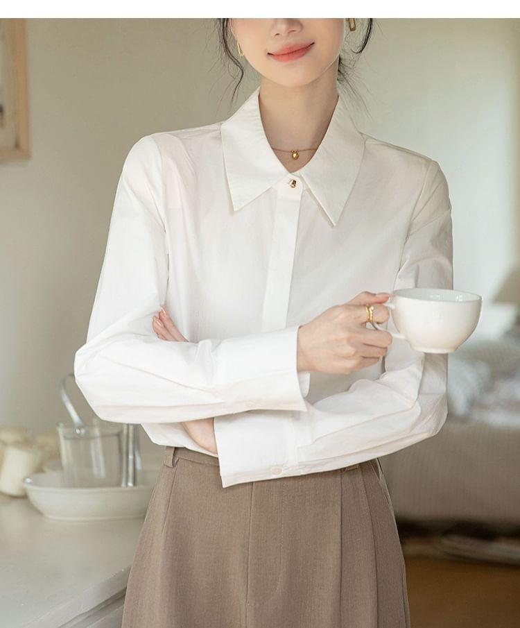 Long Sleeve Lapel Collar Plain Button Shirt Product Image