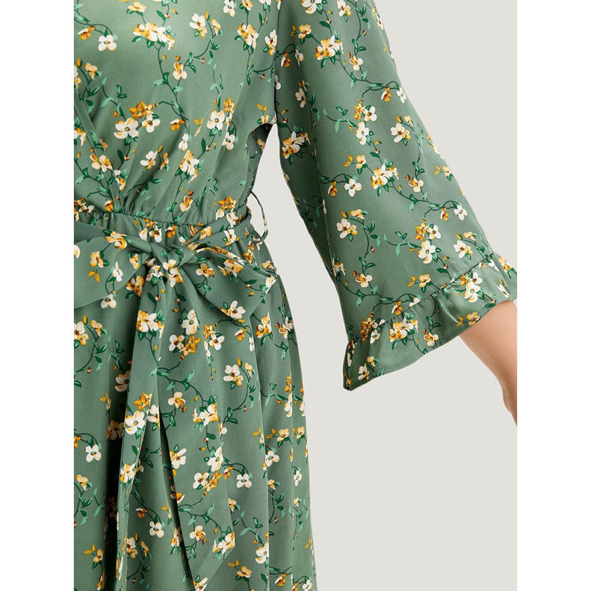 Plus Size Floral Print Surplice Neck Flutter Trim Dress Green Women Elegant Printed V-neck Elbow-length sleeve Curvy Midi Dress BloomChic 14-16/1X Product Image