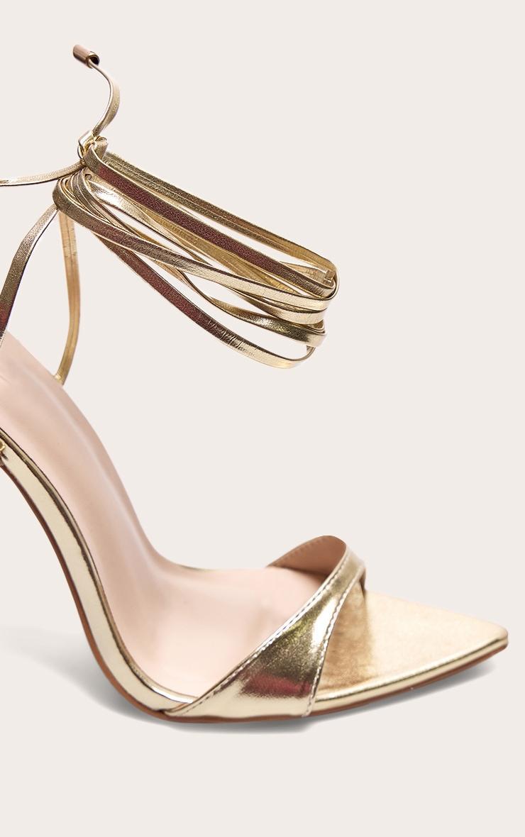 Gold PU Point Toe High Heeled Lace Up Sandals Product Image