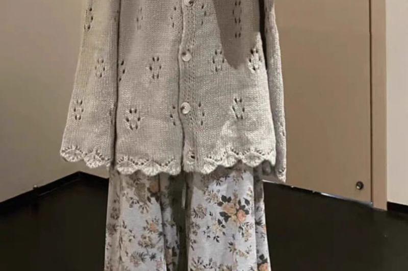 Collar Plain Pointelle Knit Oversized Cardigan Product Image