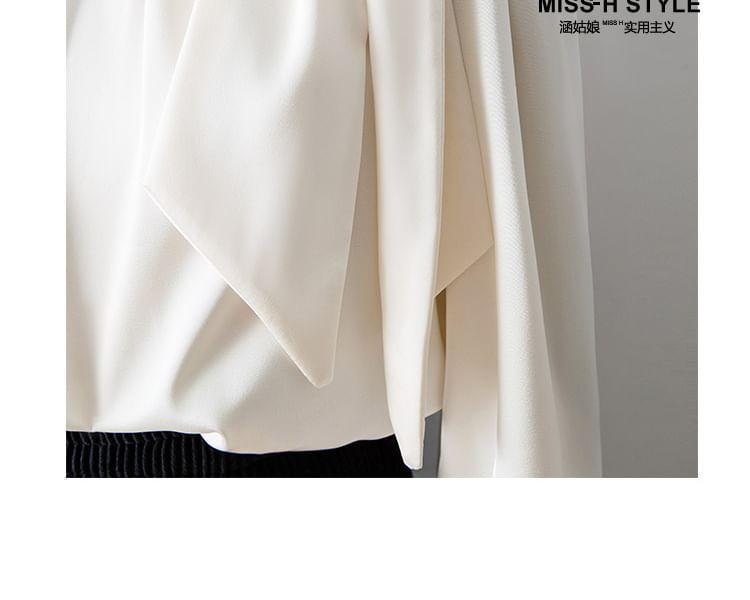 Long Sleeve Stand Collar Plain Bowknot Blouse Product Image