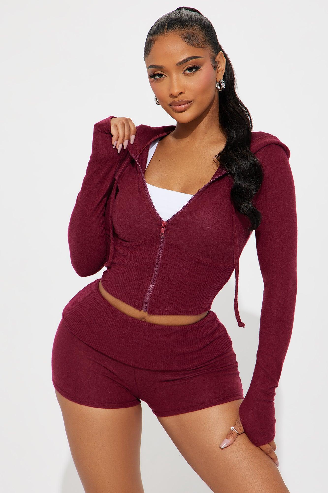 Daisy Brushed Knit Short Set - Burgundy Product Image