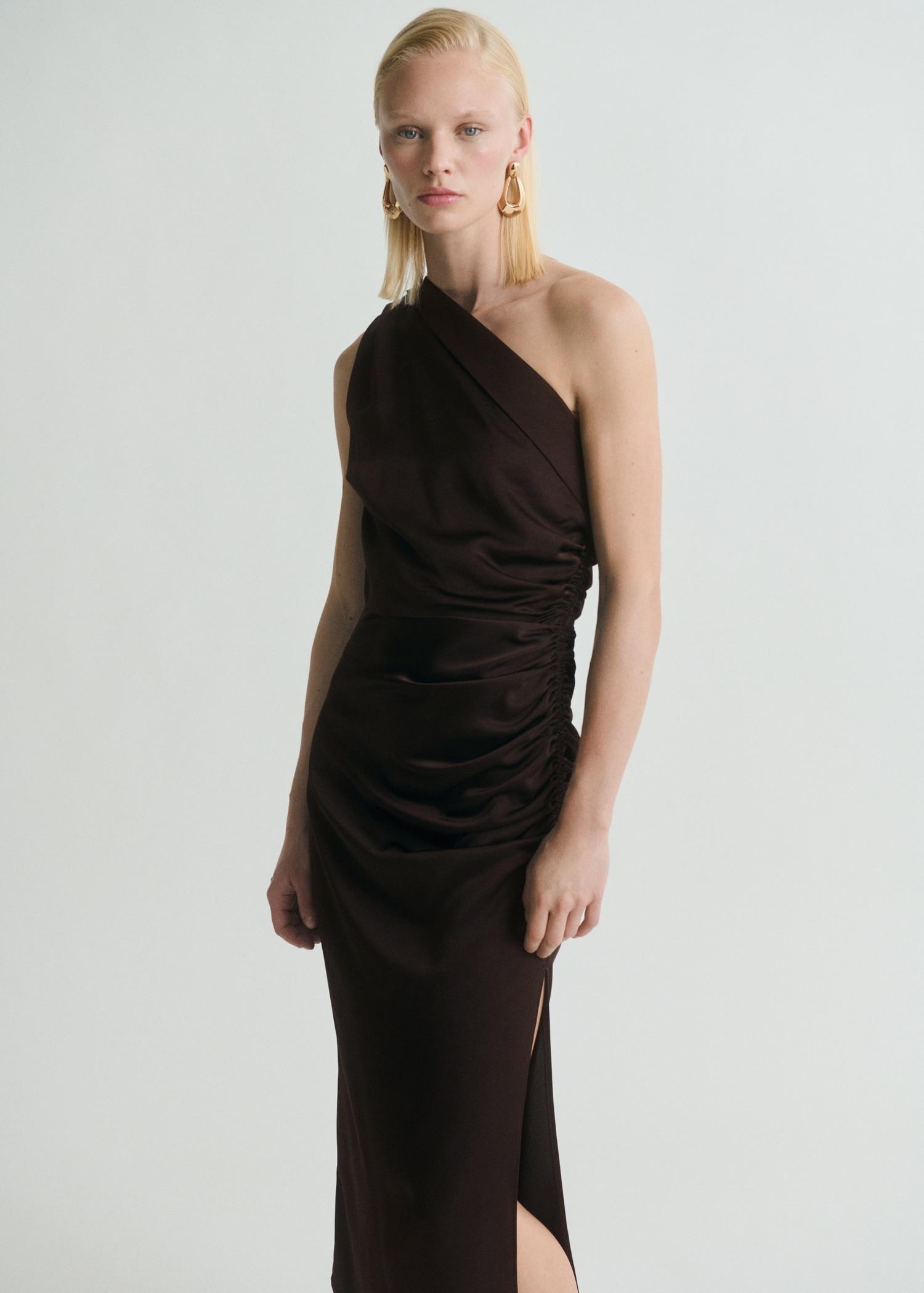 Asymmetrical satin dress with side slits - Women | MANGO USA Product Image