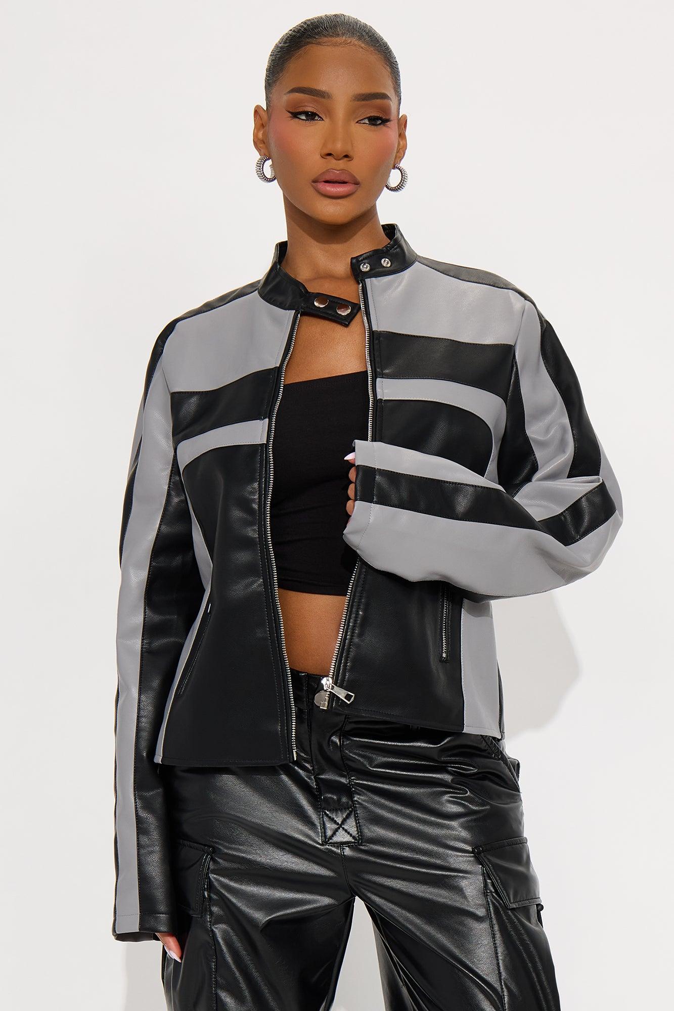 Kelis Faux Leather Moto Jacket - Grey/Black Female Product Image