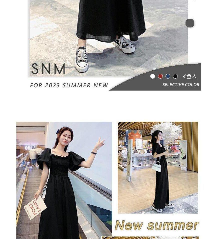 Puff-Sleeve Square-Neck Plain Ruffled Wide Leg Jumpsuit Product Image
