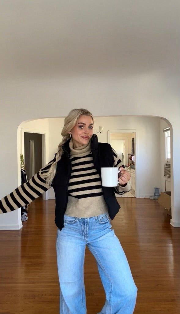 Beige and Black Striped Turtleneck Sweater-FINAL SALE Female Product Image