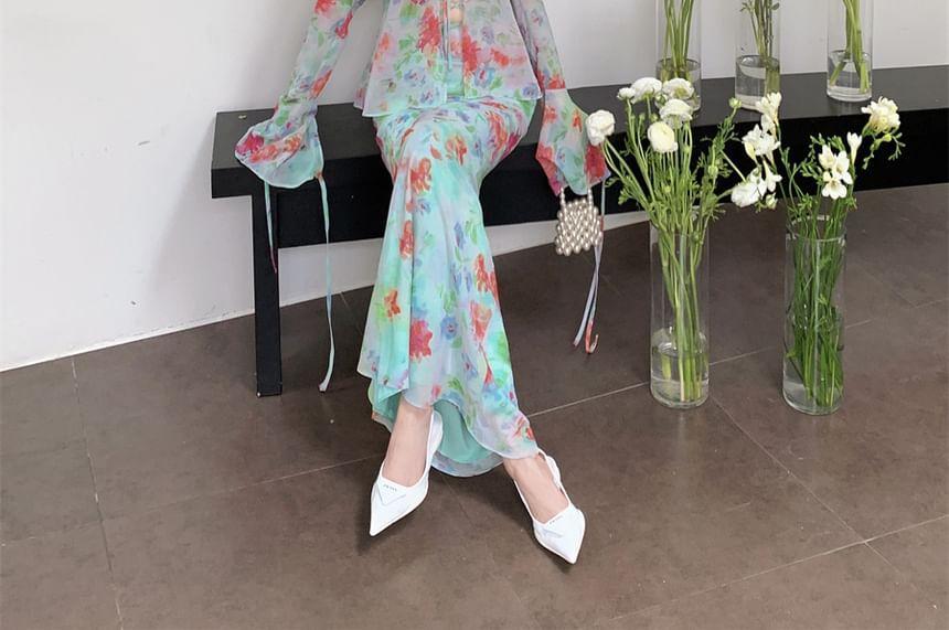 Set: Long-Sleeve Floral Tie Front Blouse + High Waist Maxi Pencil Skirt Product Image