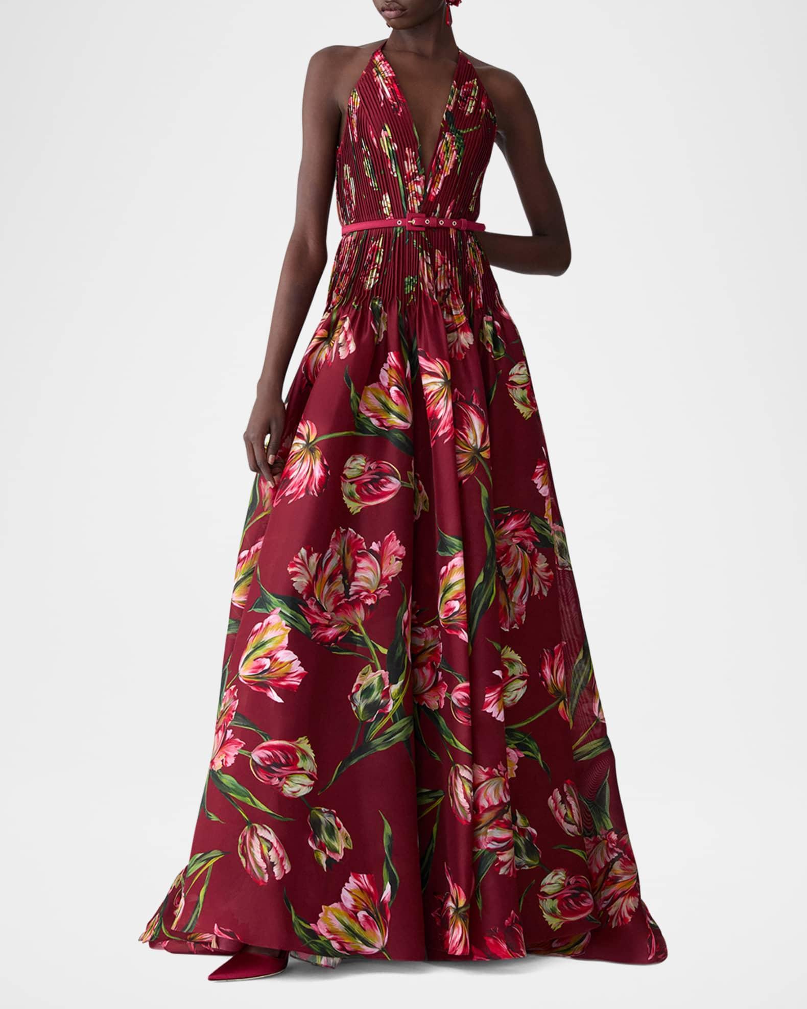 Plunging Halter Pleated Drop-Waist Gown Product Image