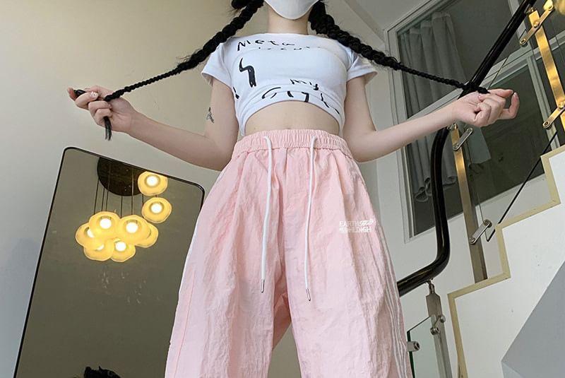 Drawstring Waist Bow Accent Striped Trim Wide Leg Cargo Pants Product Image