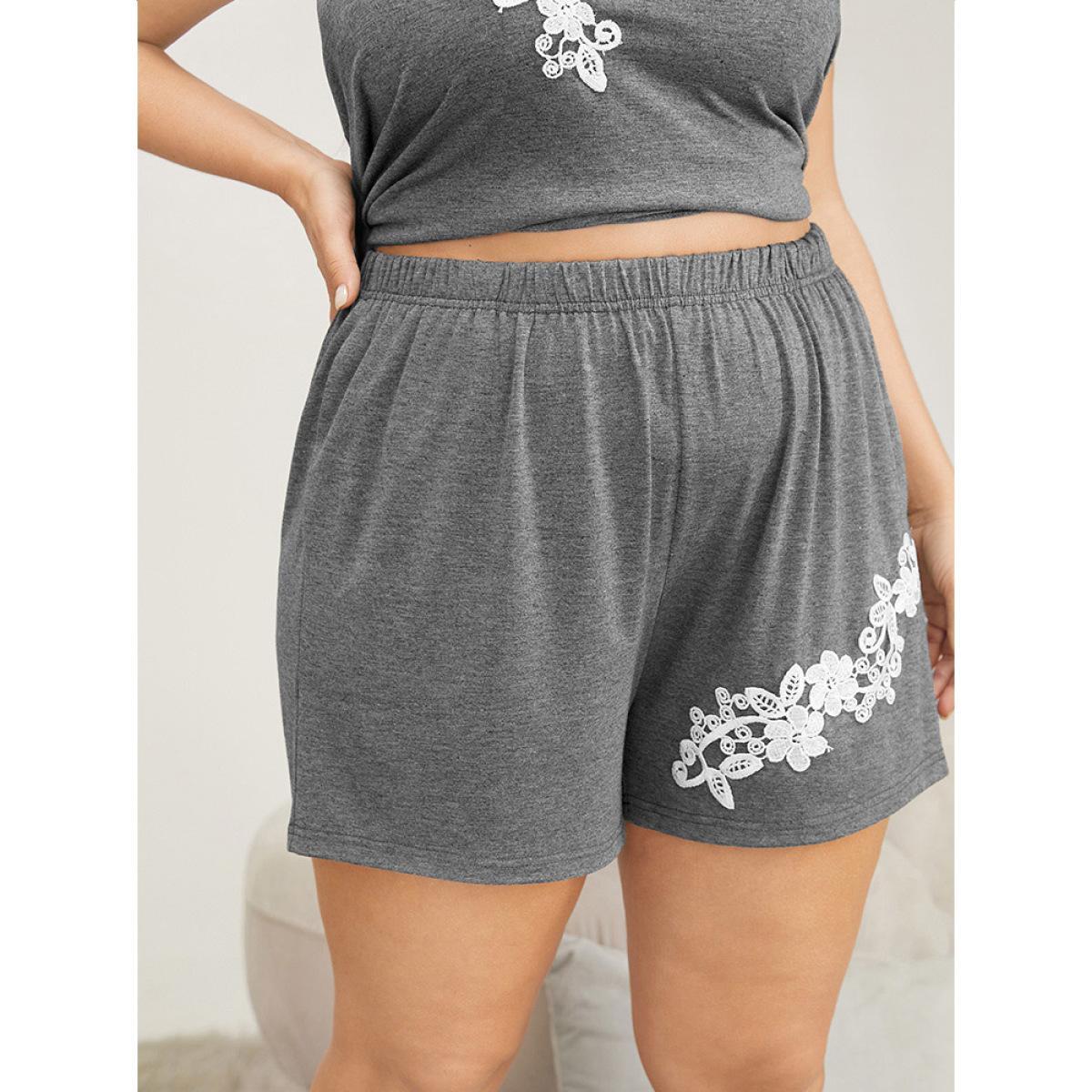 Plus Size Solid Guipure Lace Pocket Sleep Shorts Women DimGray Elegant Plain Lace Shoulderless Pocket Loungewear BloomChic 12/L Product Image