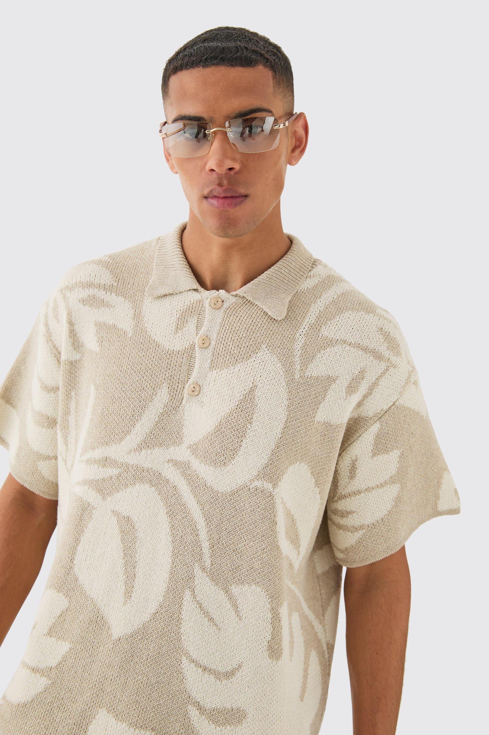 Oversized Boxy Tonal Jacquard Floral Knit Polo | boohooMAN USA Product Image