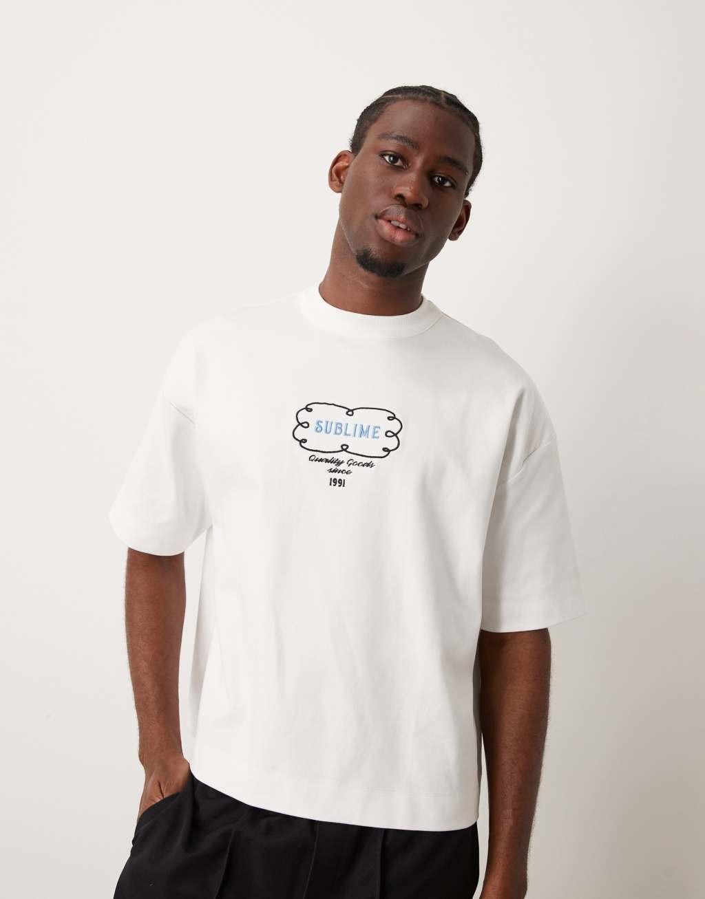 ASOS DESIGN boxy oversized T-shirt in premium heavyweight 300gsm white with abstract back print Product Image