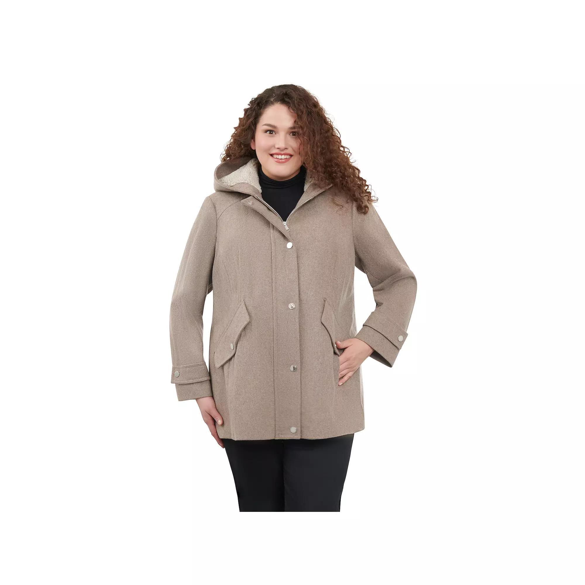 Plus Size London Fog Sherpa-Lined Hood Wool-Blend Coat, Women's, Size: 3XL, Taupe Grey Product Image