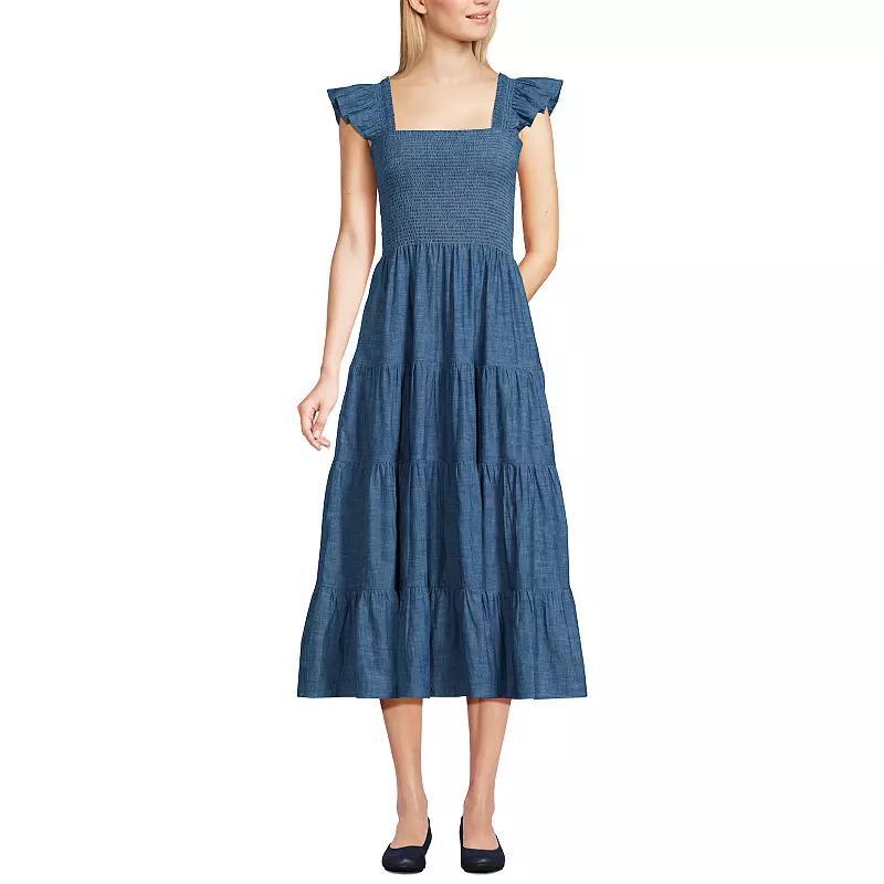 Women's Lands' End Chambray Smocked Ruffle Shoulder Midi Dress, Size: Large, Blue Chambray Product Image