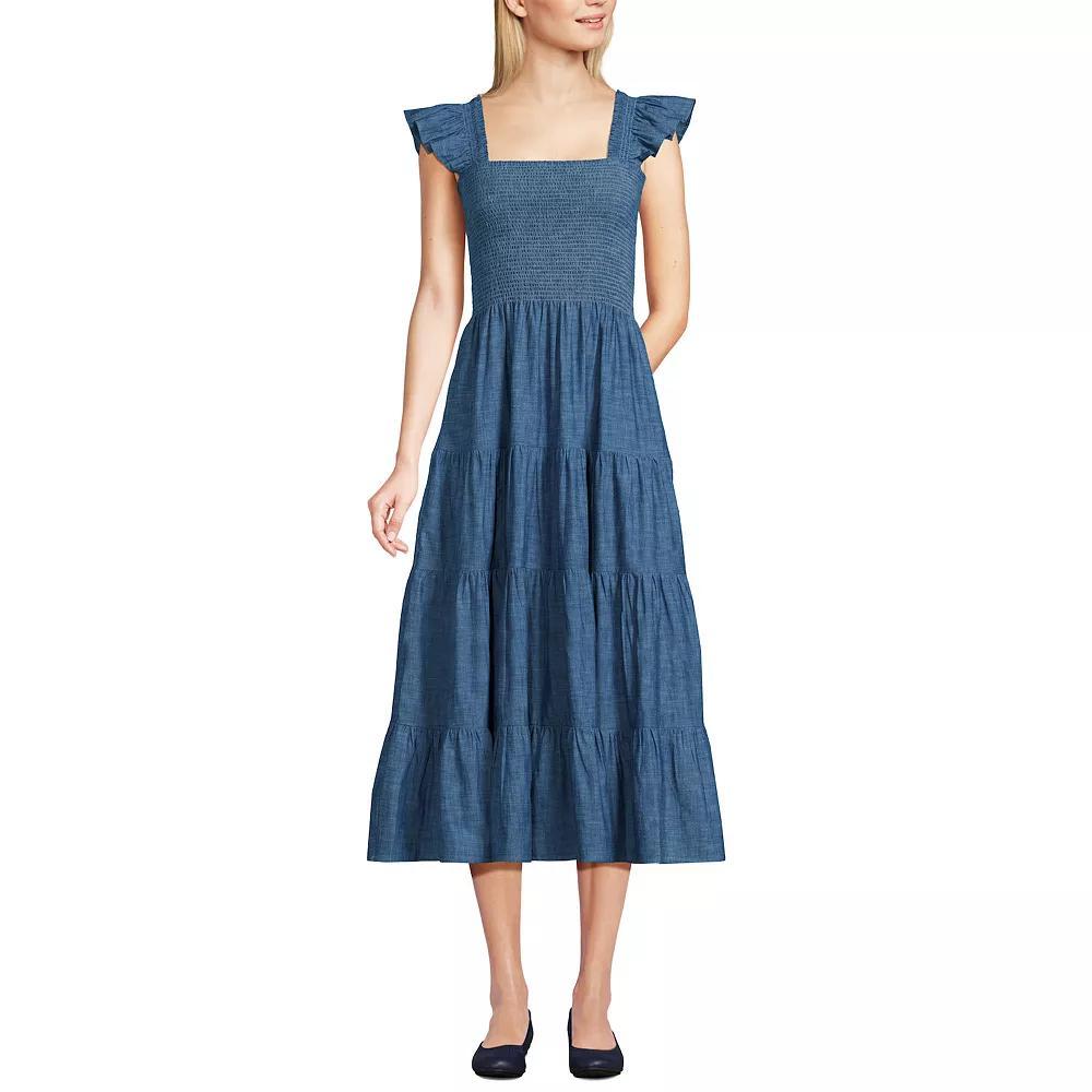 Women's Lands' End Chambray Smocked Ruffle Shoulder Midi Dress, Size: Large, Blue Chambray Product Image