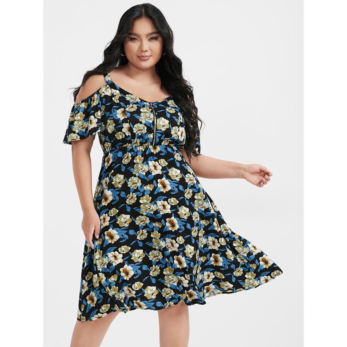 Plus Size Floral Zipper Ruffled Cold Shoulder Dress BlackFlower Women Elegant Printed Cold Shoulder Short sleeve Curvy Knee Dress BloomChic 18-20/2X Product Image