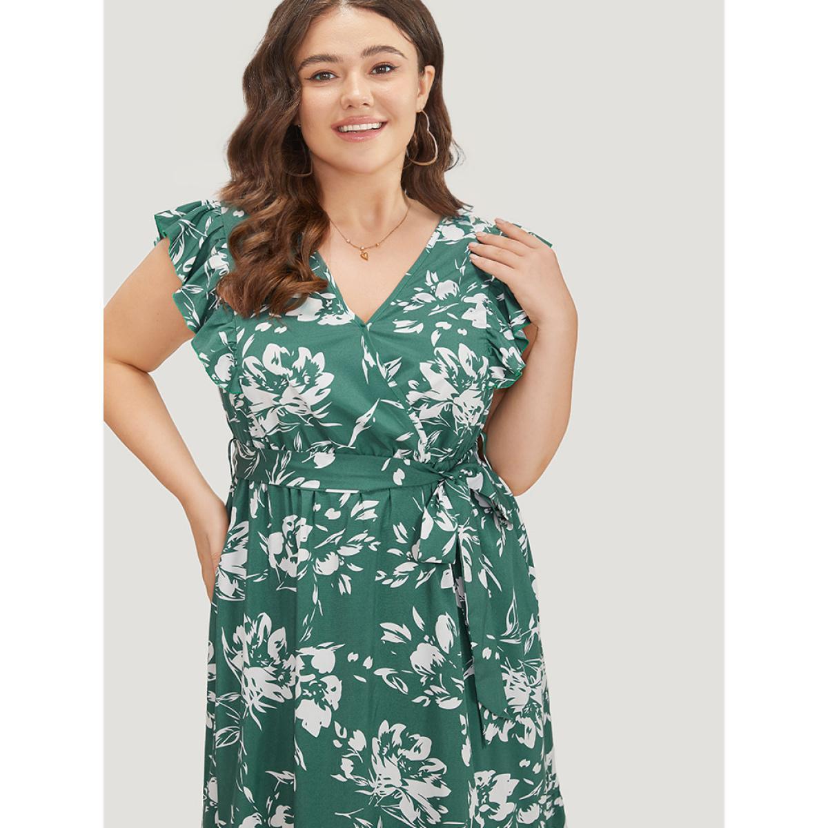 Plus Size Floral Print Belted Ruffle Cap Sleeve Pocket Dress Green Women Elegant Wrap V-neck Cap Sleeve Curvy Midi Dress BloomChic 14-16/1X Product Image