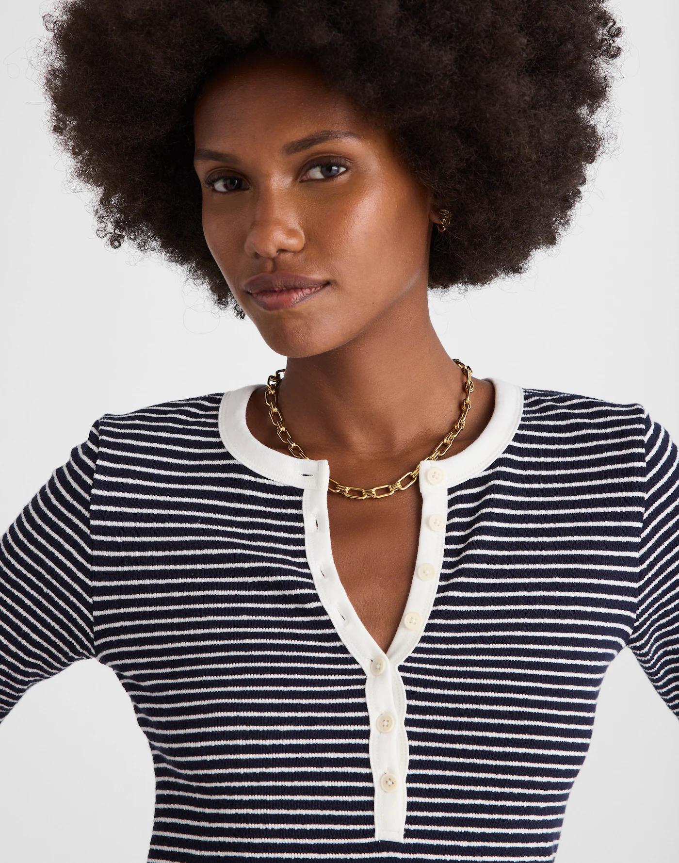 Striped Elbow-Sleeve Henley Tee Product Image