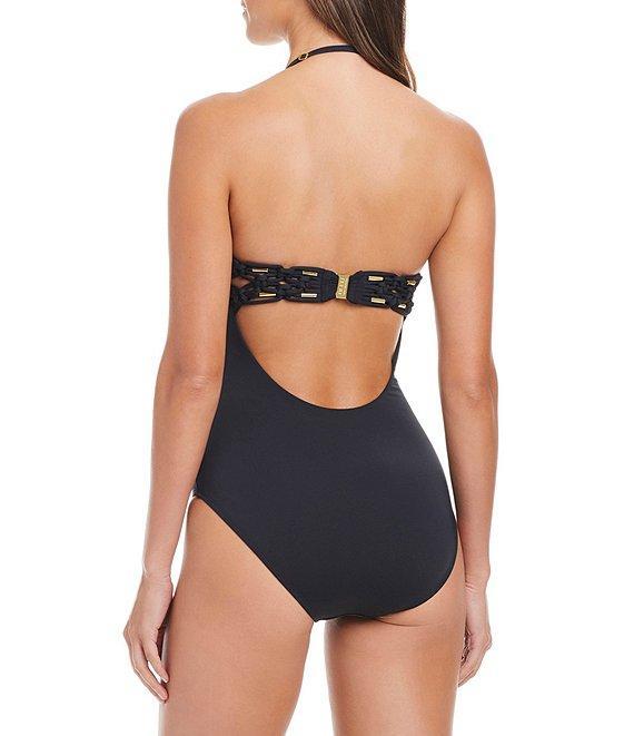 Bleu Rod Beattie La Cote D'Azur Solid Sweetheart Neck Macrame Open Back Bandeau One Piece Swimsuit Product Image