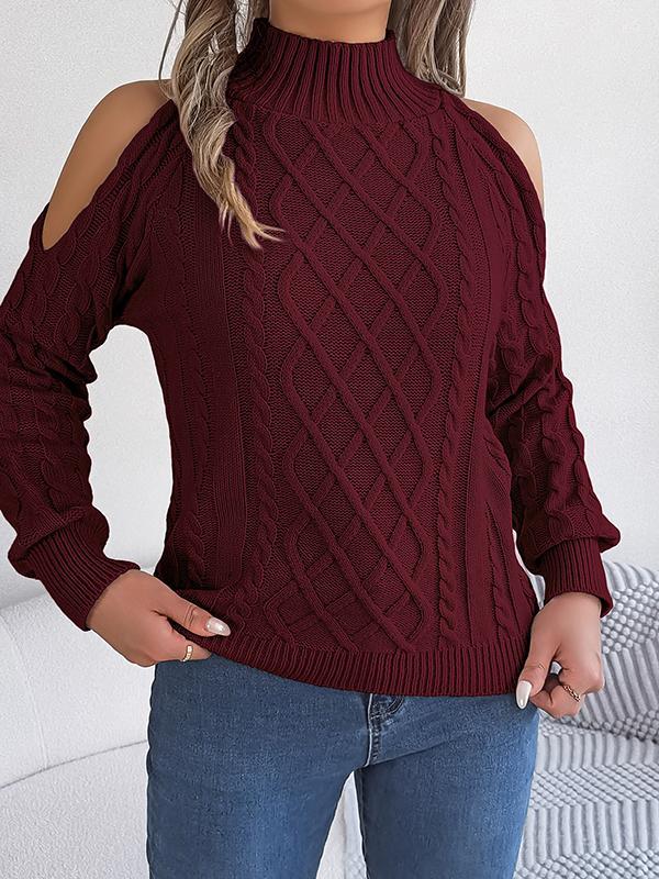 Long Sleeves Loose Hollow Solid Color Cold Shoulder Pullovers Sweater Tops Product Image