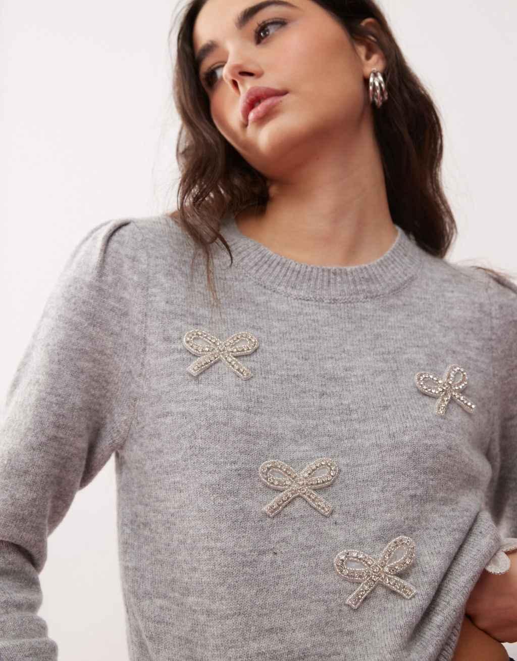 Miss Selfridge diamante puff sleeve sweater in gray heather Product Image