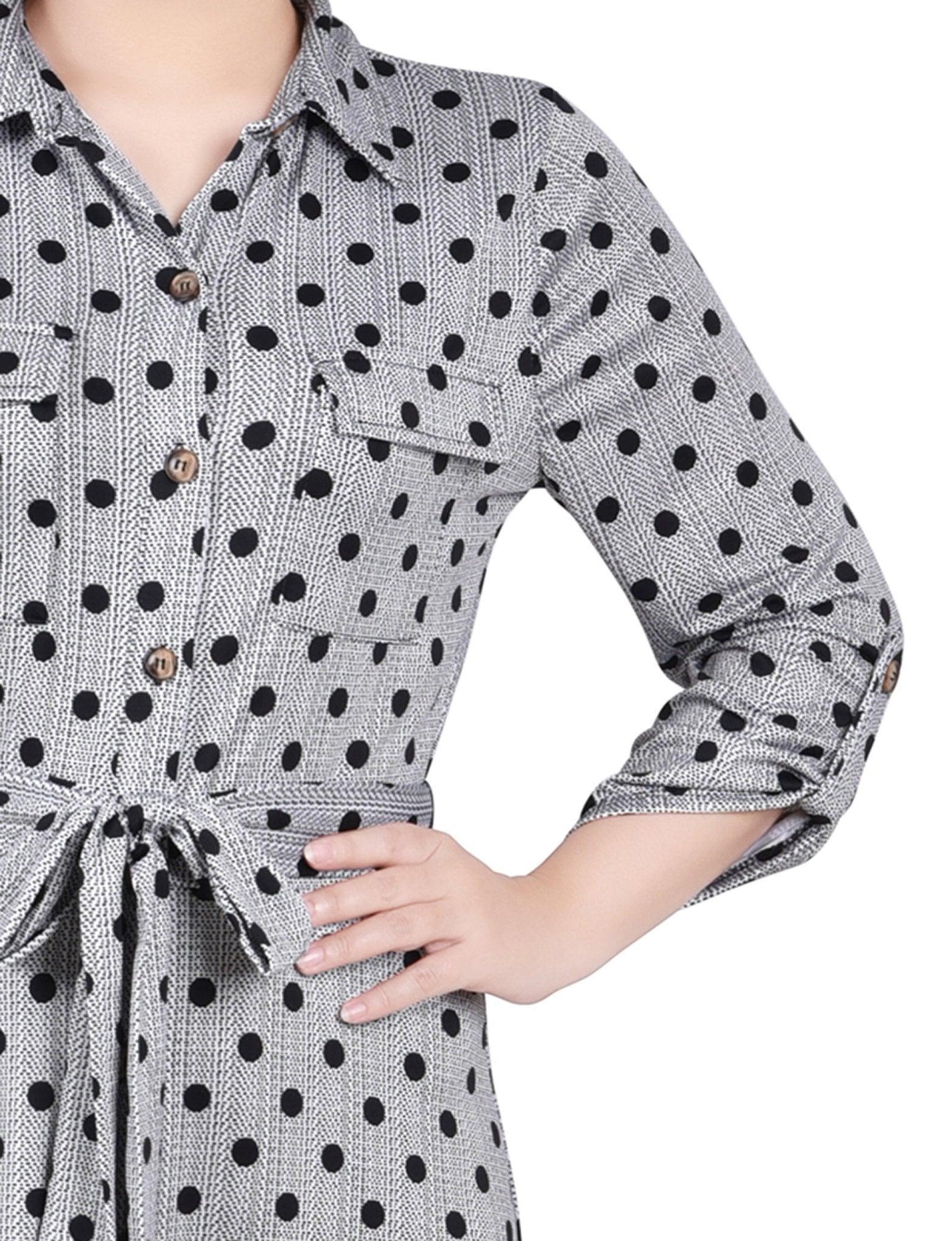 Black White Abstract Dot 3/4 Slv Roll Tab Shirtdress - Petite Product Image