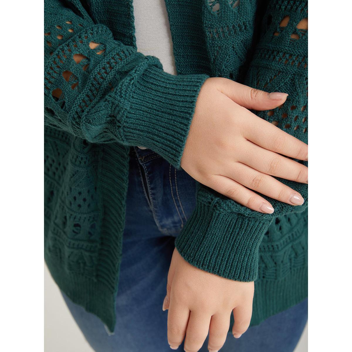 Plus Size Geometric Eyelet Open Front Loose Cardigan Cyan Women Casual Loose Long Sleeve Work Cardigans BloomChic 10/M Product Image