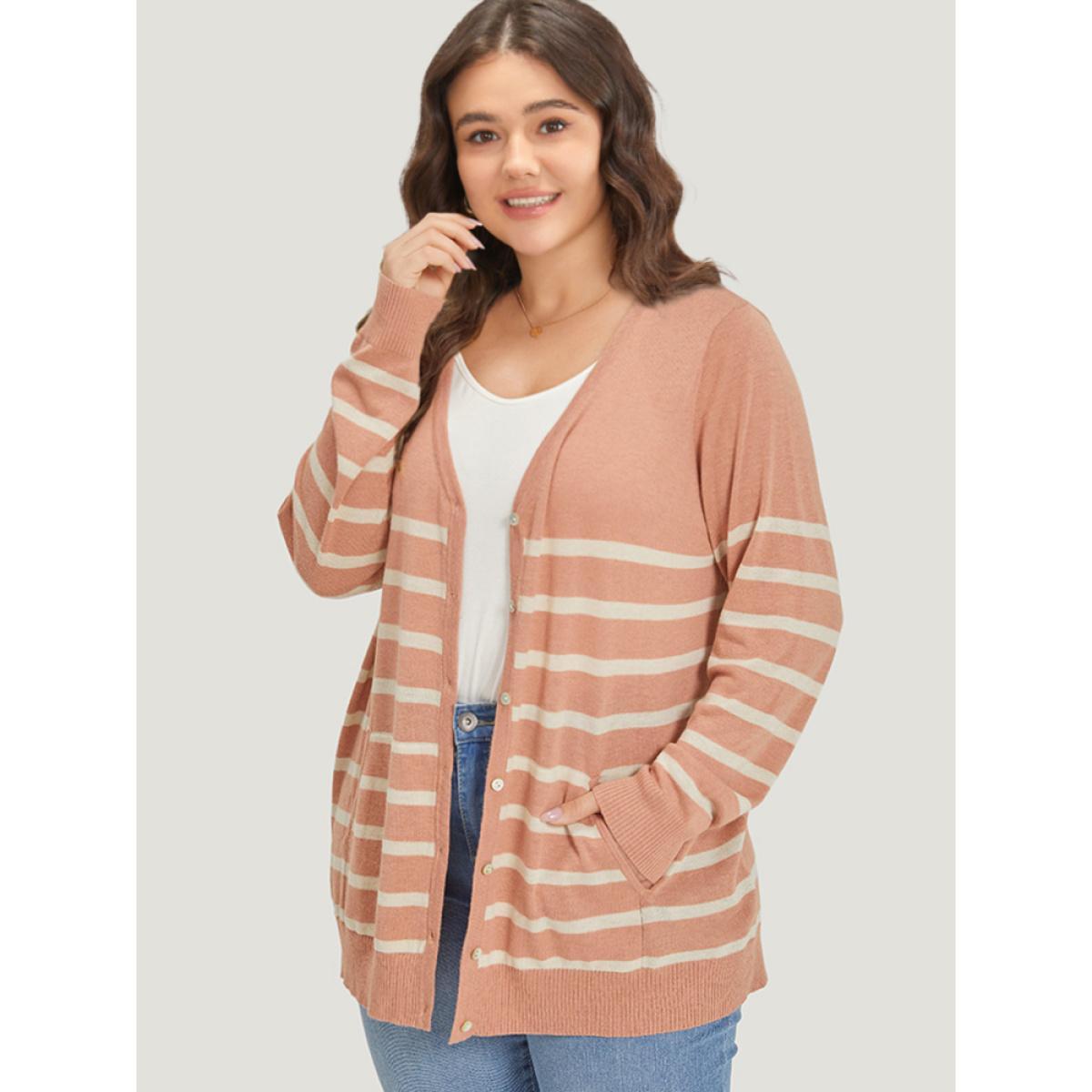 Plus Size Supersoft Essentials Striped Pocket Button Through Cardigan Crepe Women Casual Loose Long Sleeve Dailywear Cardigans BloomChic 10/M Product Image