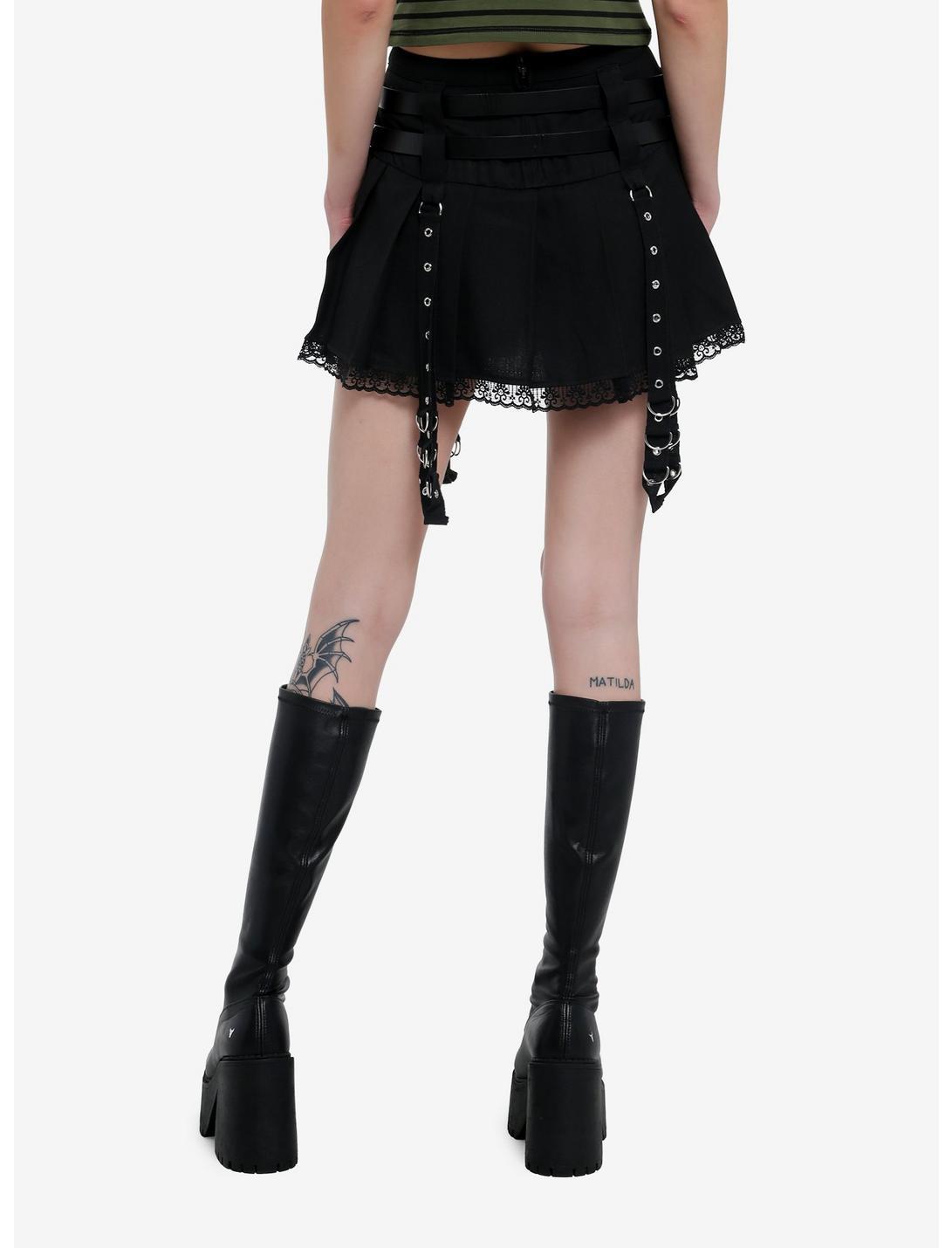 Social Collision Black Grommet Strap Pleated Skirt With Belt Product Image