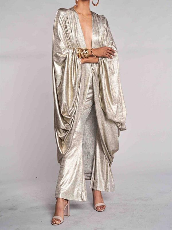 Batwing Sleeves Long Sleeves Shiny Solid Color Deep V-Neck Blouses&shirts Tops Product Image
